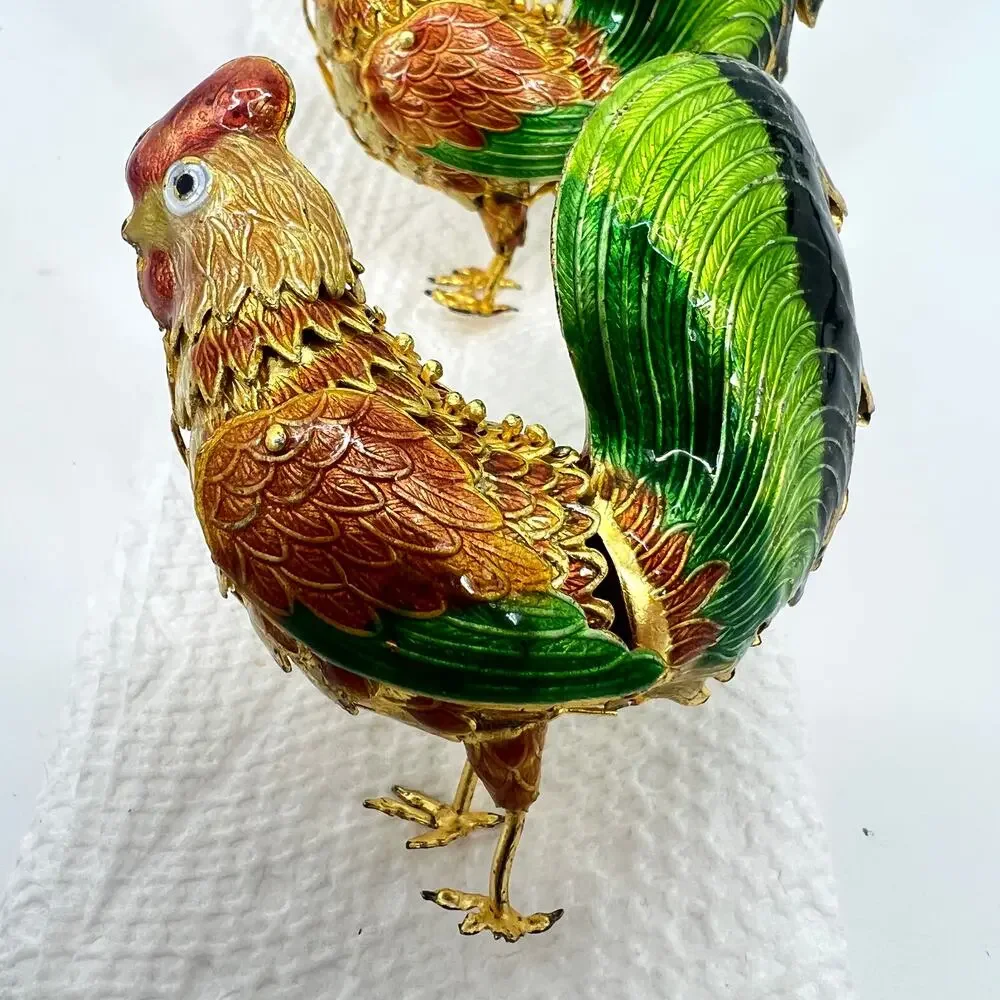 Enamel Rooster Napkin Rings Articulated Set of FOUR